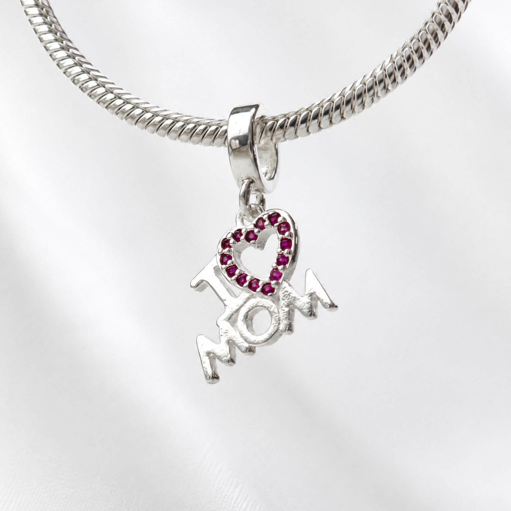 Berloque Coração Cravejado Pink I Love Mom Prata 925