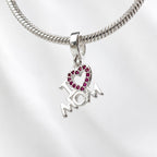 Berloque Coração Cravejado Pink I Love Mom Prata 925