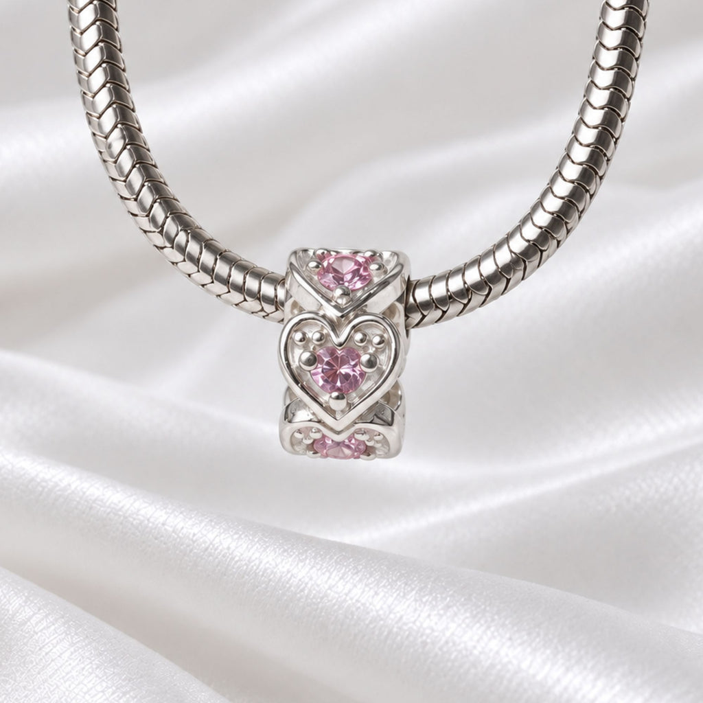 Berloque Mini Separador Corações com Zircônia Rosa Bebê Prata 925