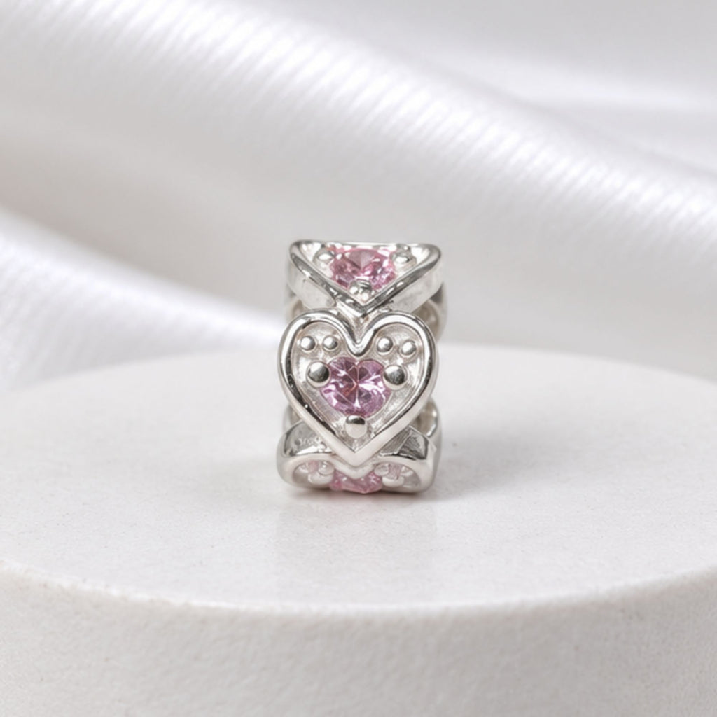 Berloque Mini Separador Corações com Zircônia Rosa Bebê Prata 925
