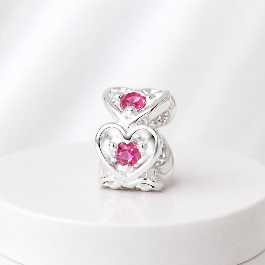 Berloque Mini Separador Corações com Zircônia Rosa Pink Prata 925