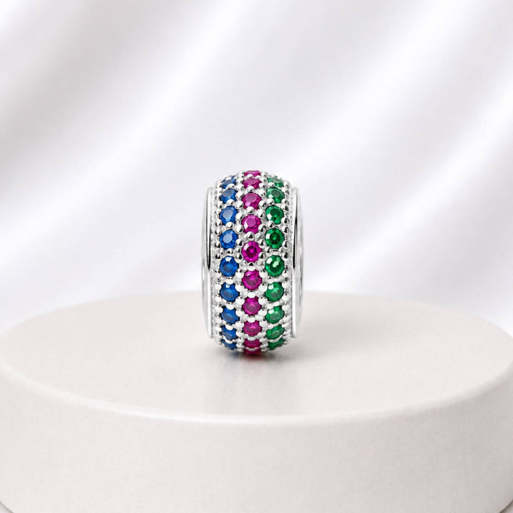 Berloque Separador com Zircônias Coloridas Azul Pink e Verde Prata 925