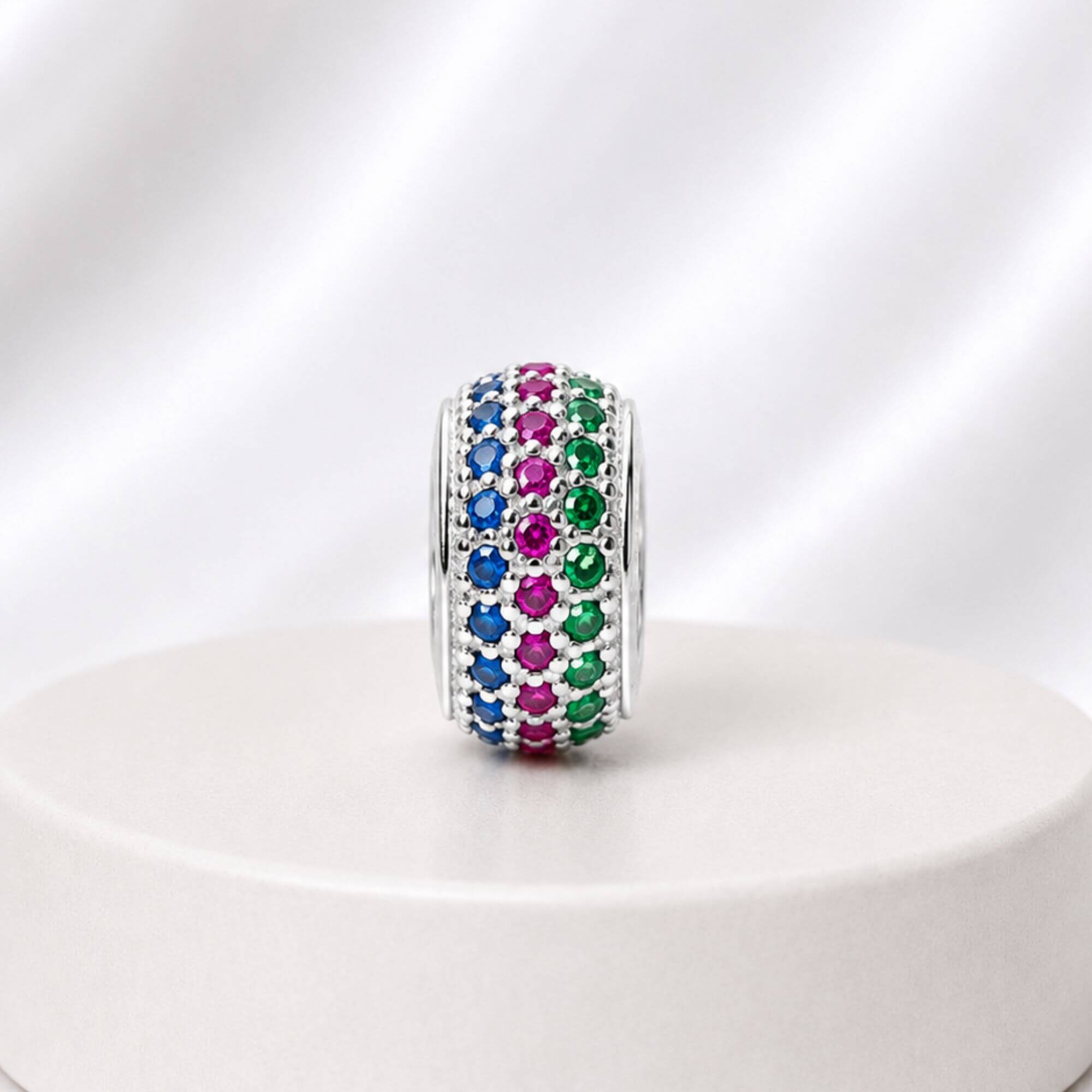 Berloque Separador com Zircônias Coloridas Azul Pink e Verde Prata 925