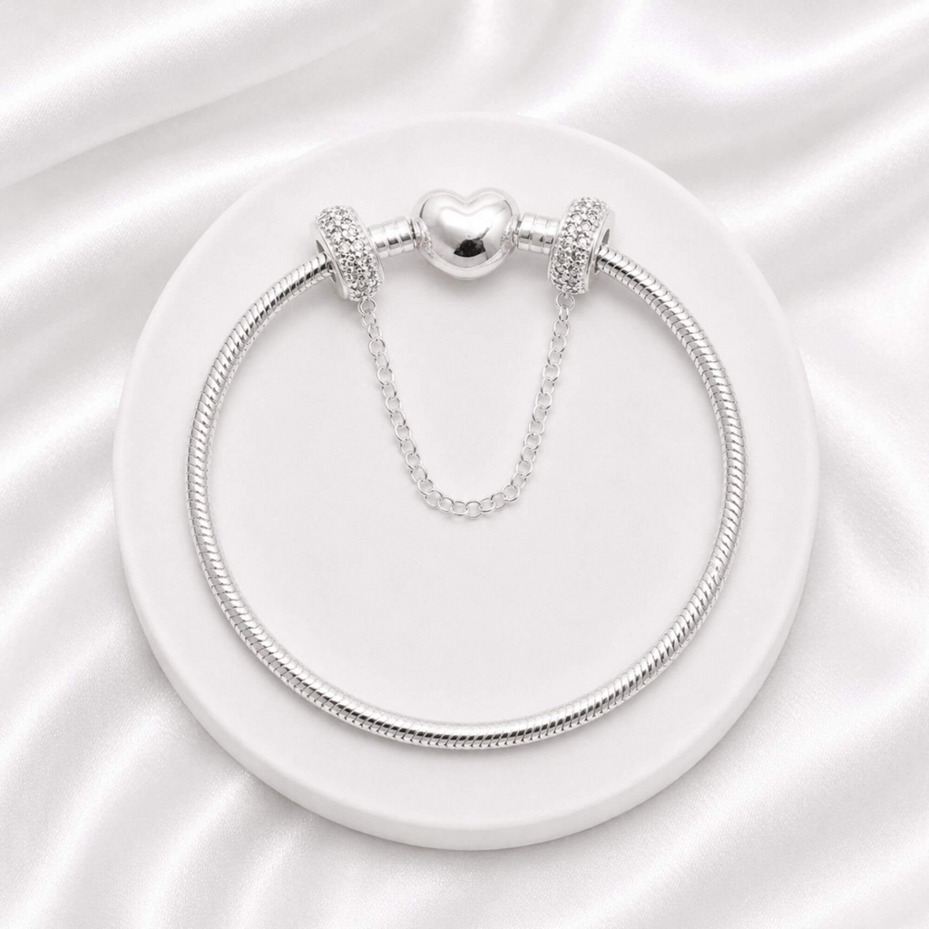 Kit Pulseira Coração Liso + Corrente de Segurança Cravejada Zircônia Cristal Prata 925
