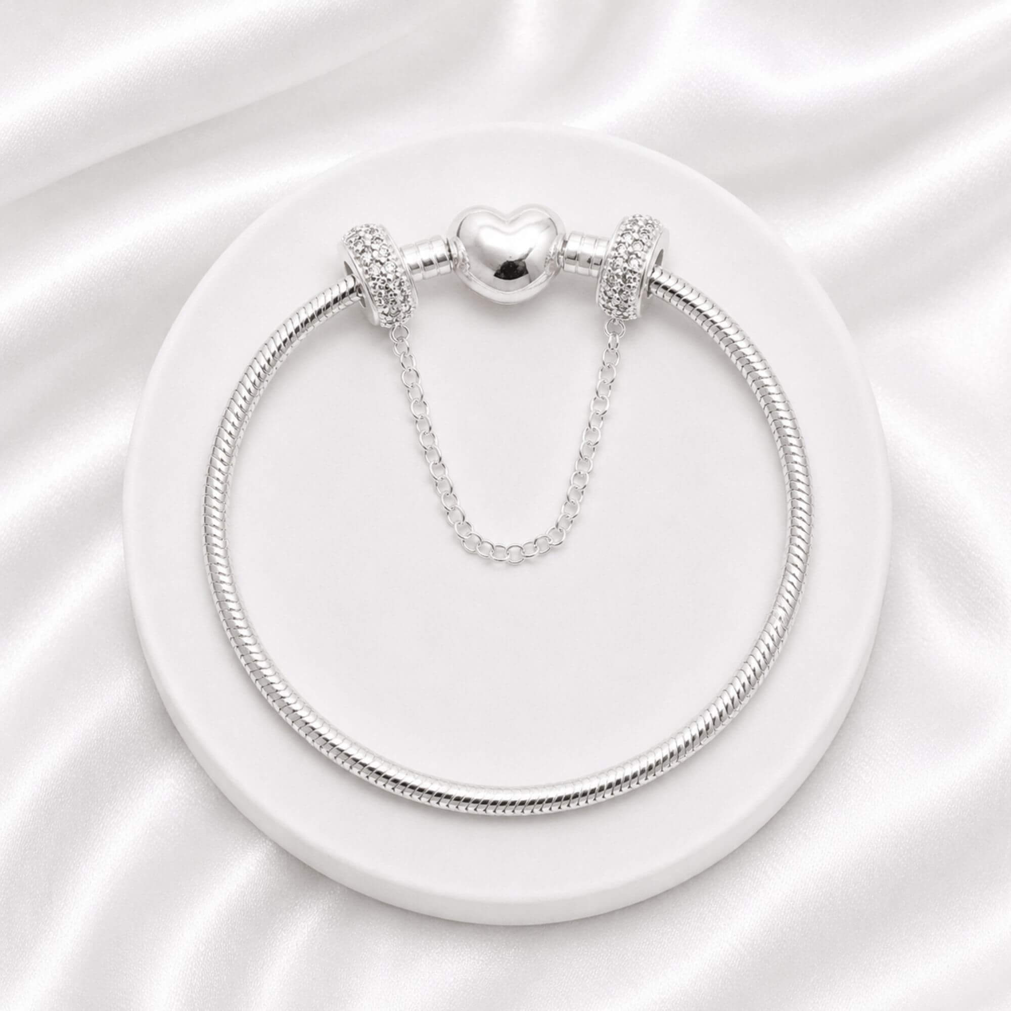 Kit Pulseira Coração Liso + Corrente de Segurança Cravejada Zircônia Cristal Prata 925
