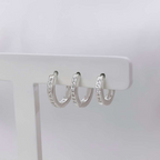 Trio de Brincos Argolas Click Aro Quadrado Cravejado com Zircônias Prata 925