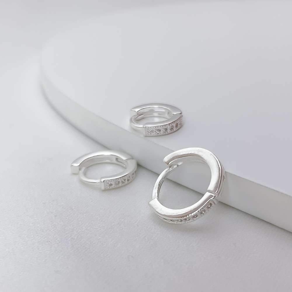 Trio de Brincos Argolas Click Aro Quadrado Cravejado com Zircônias Prata 925