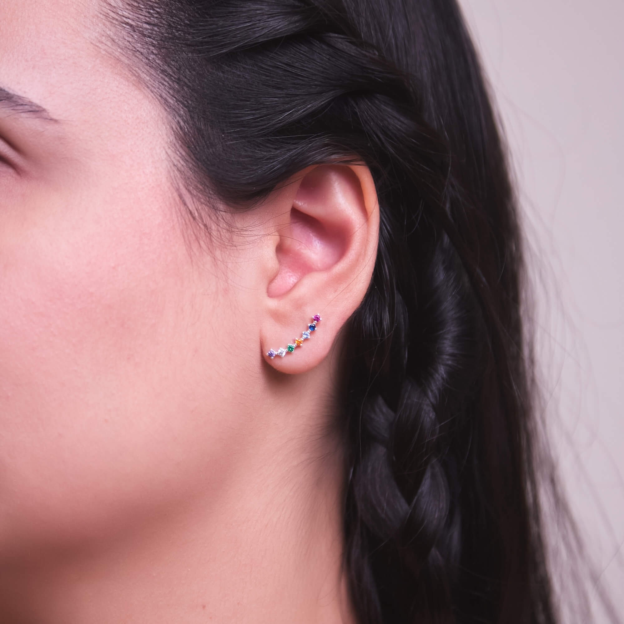 Brinco Ear Cuff Zircônias Coloridas Prata 925
