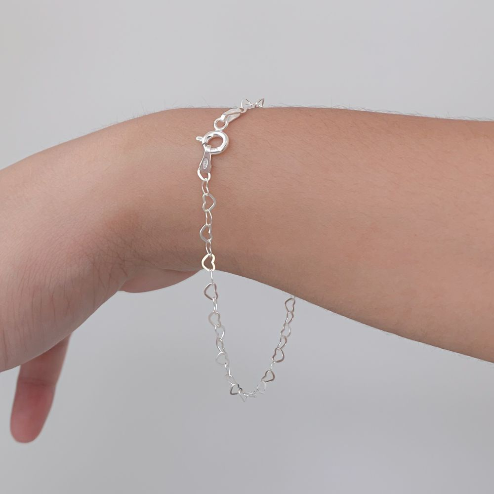 Pulseira Elo de Corações 18cm Prata 925
