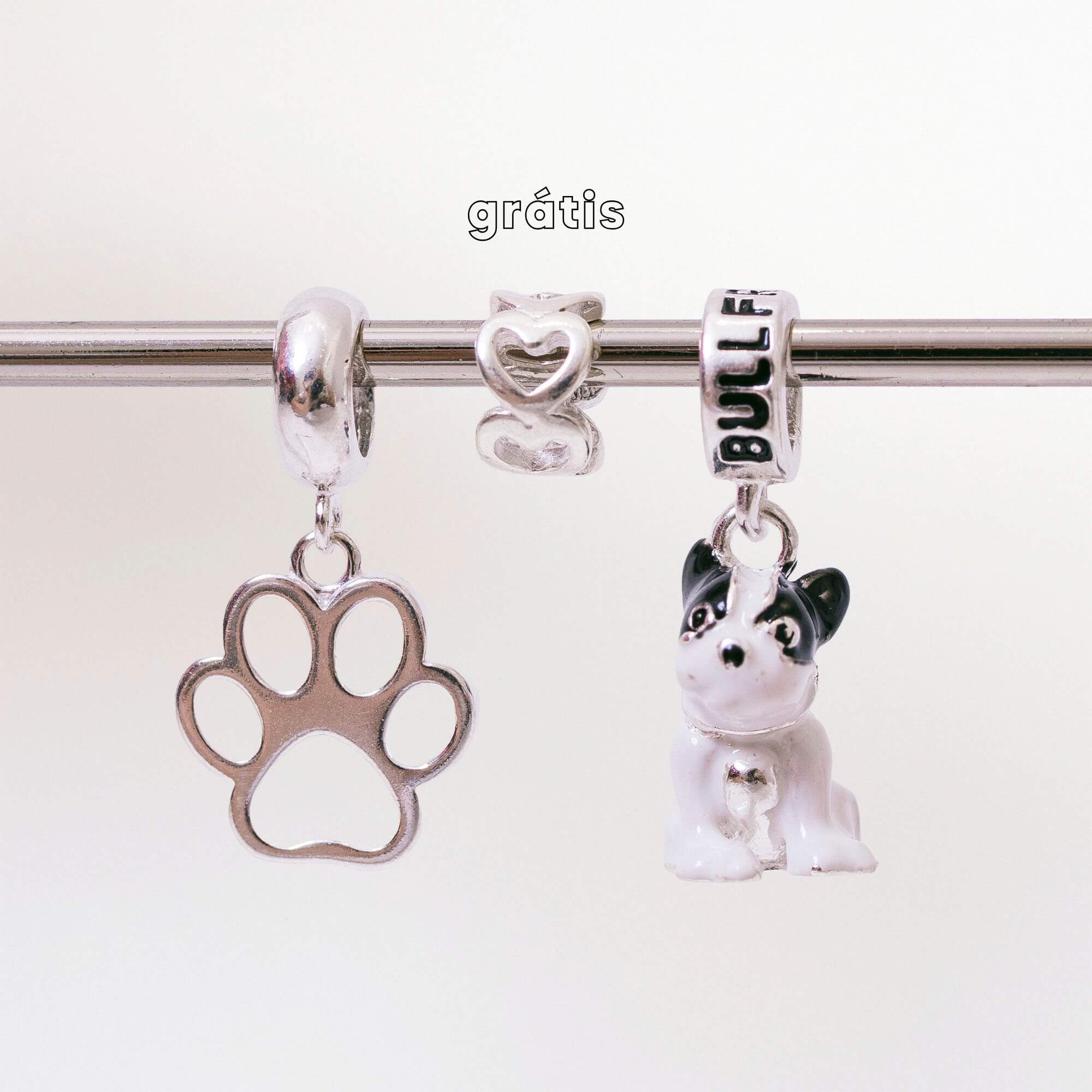 Leve 3 pague 2 - Kit de Berloques Prata 925 com Patinha Vazada, Cachorro BullDog Francês e Ganhe Mini Separador Corações