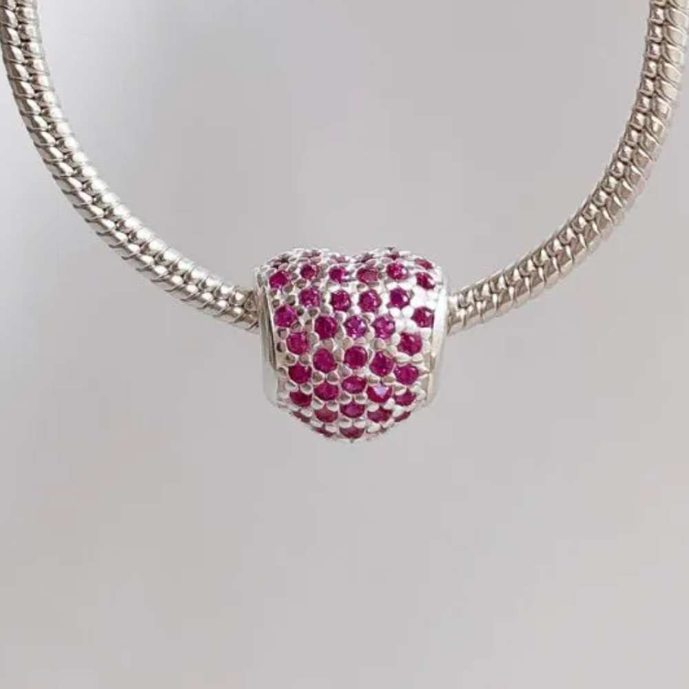 Berloque Separador Coração Zircônia Rosa Prata 925