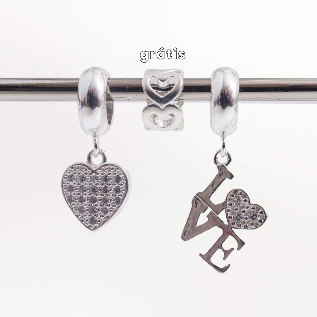 Leve 3 pague 2 - Kit de Berloques em Prata 925 com Coração Cravejado Com Zircônias, LOVE e Ganhe Mini Separador Corações