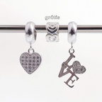 Leve 3 pague 2 - Kit de Berloques em Prata 925 com Coração Cravejado Com Zircônias, LOVE e Ganhe Mini Separador Corações