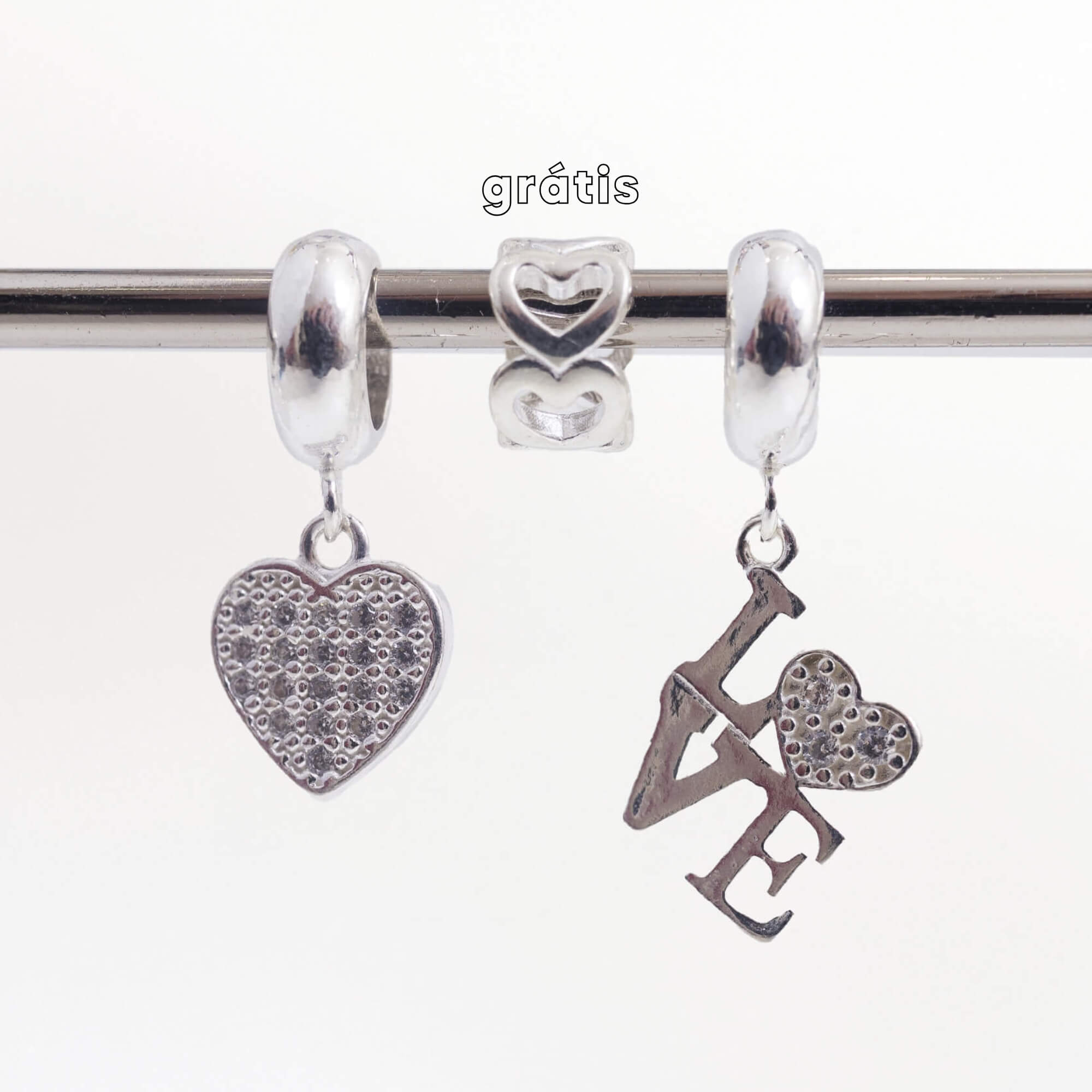 Leve 3 pague 2 - Kit de Berloques em Prata 925 com Coração Cravejado Com Zircônias, LOVE e Ganhe Mini Separador Corações