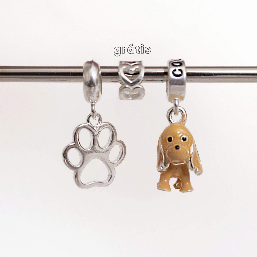 Leve 3 pague 2 - Kit de Berloques em Prata 925 com Patinha Vazada, Cachorro Cocker e Ganhe Mini Separador Corações