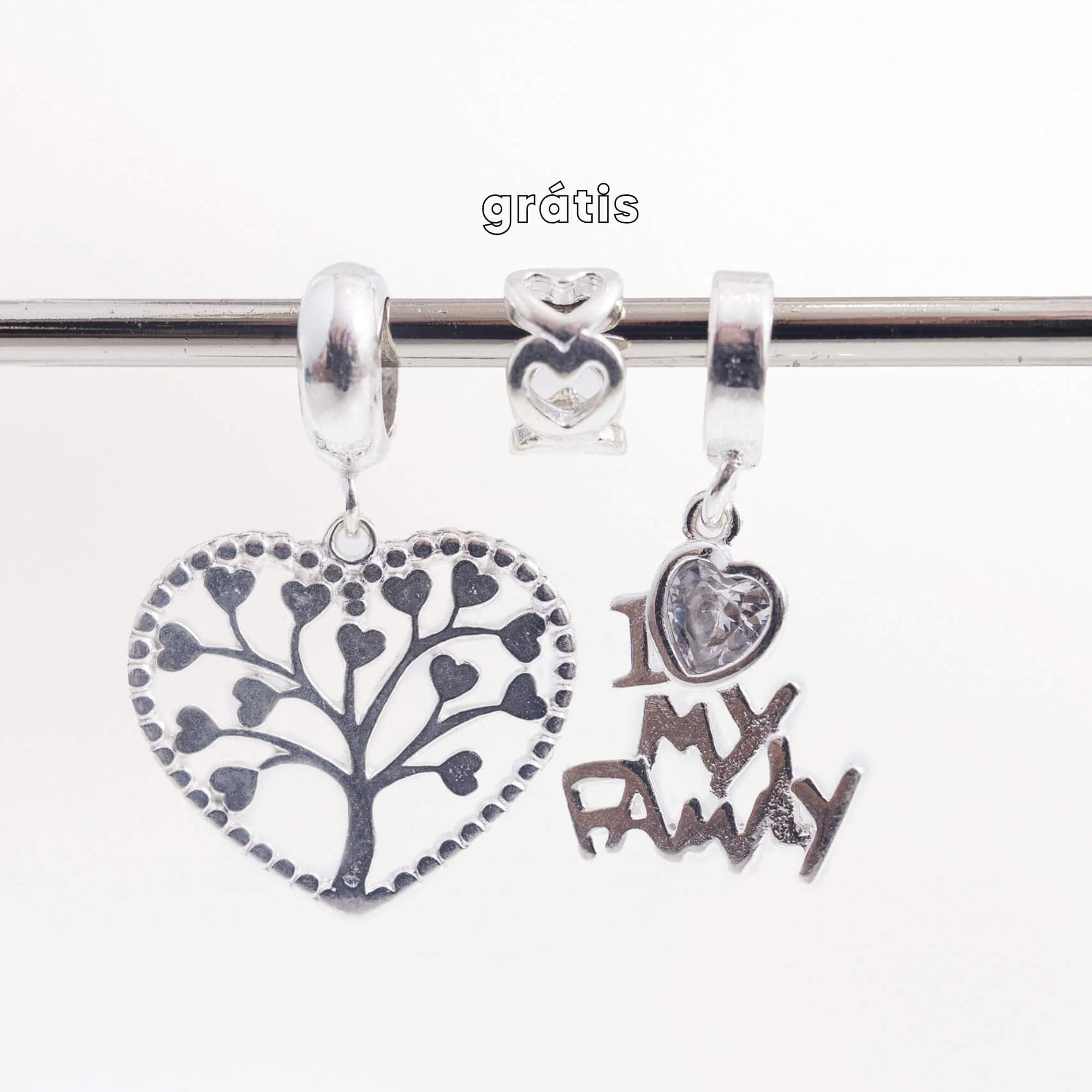 Leve 3 pague 2 - Kit de Berloques em Prata 925 com Árvore da Vida, Família I Love Family e Ganhe Mini Separador Corações