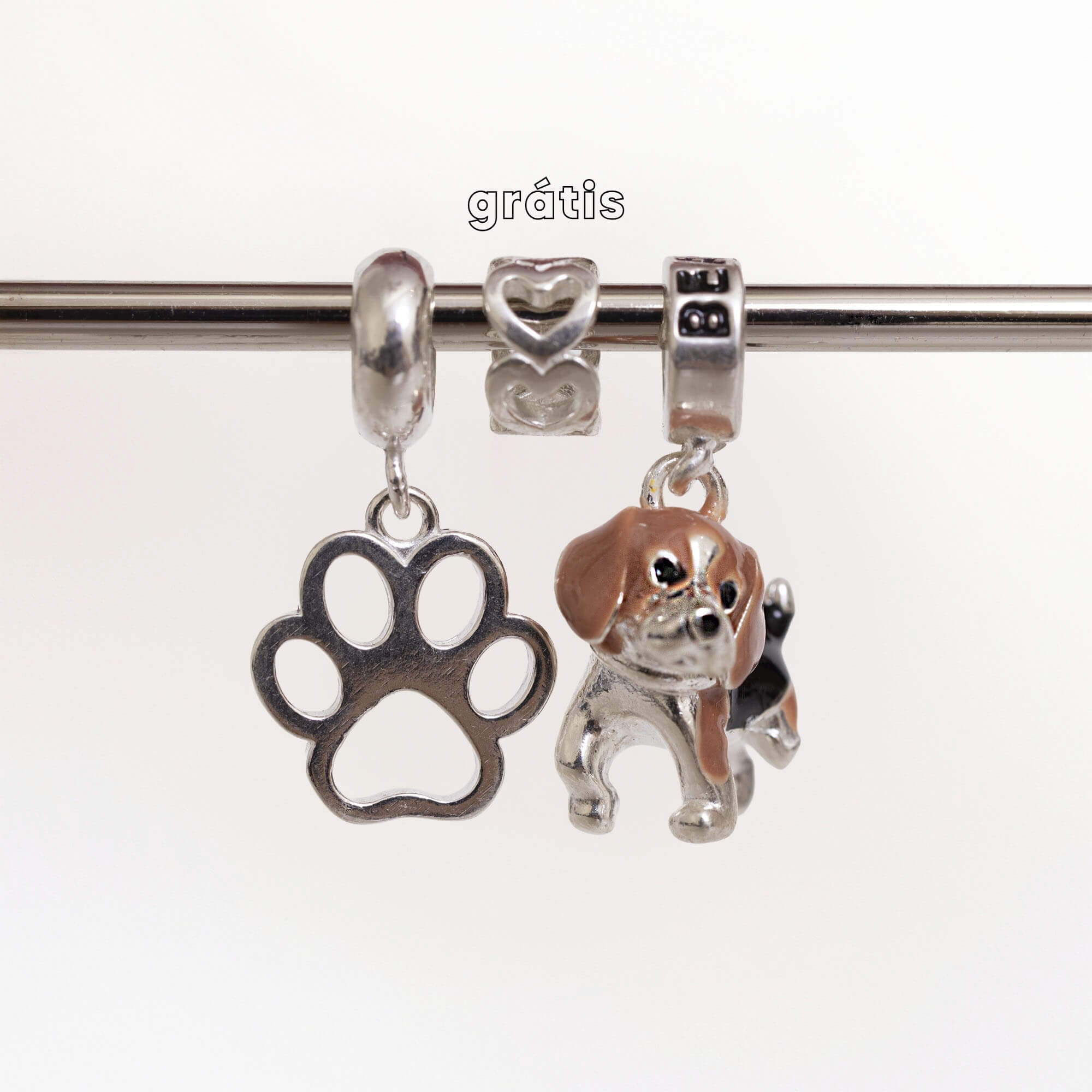 Leve 3 pague 2 - Kit de Berloques em Prata 925 com Patinha Vazada, Cachorro Beagle e Ganhe Mini Separador Corações