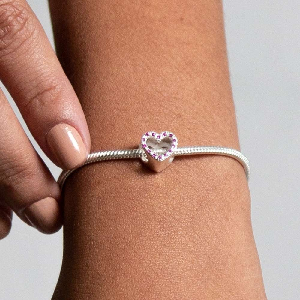 Berloque Coração Vazado Separador com Zircônias Pink Prata 925