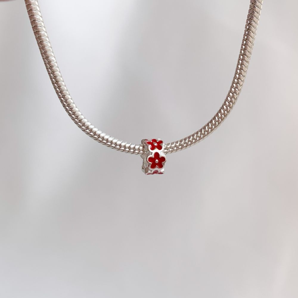 Berloque Mini Separador Flor Vermelha Prata 925