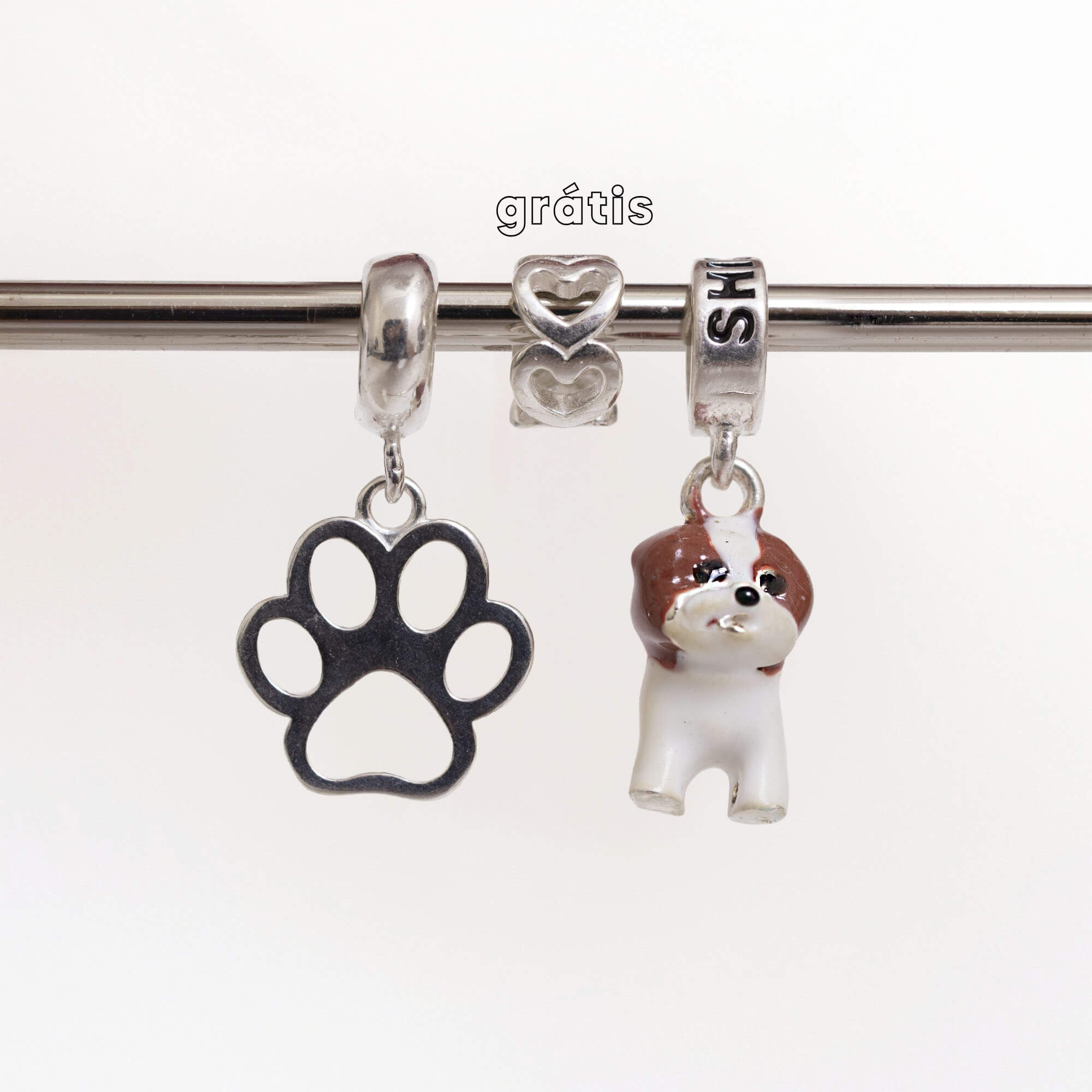 Leve 3 pague 2 - Kit de Berloques em Prata 925 com Patinha Vazada, Cachorro Shih Tzu e Ganhe Mini Separador Corações