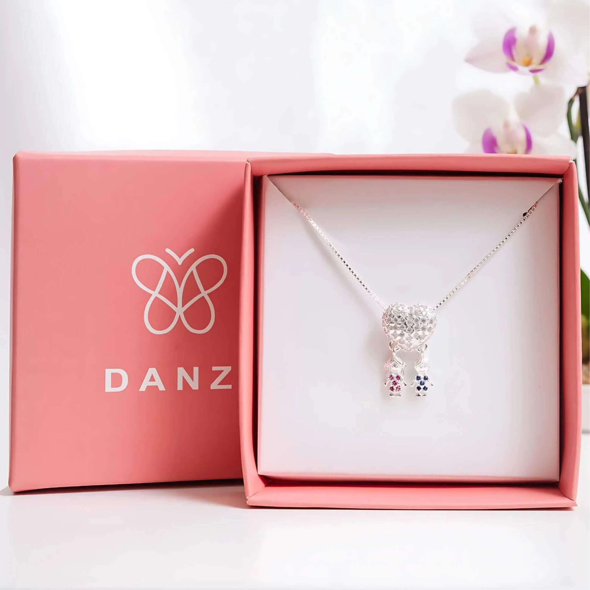 Kit Presente Prata 925 Colar Coração Cravejado Casal de Filhos com Zircônias