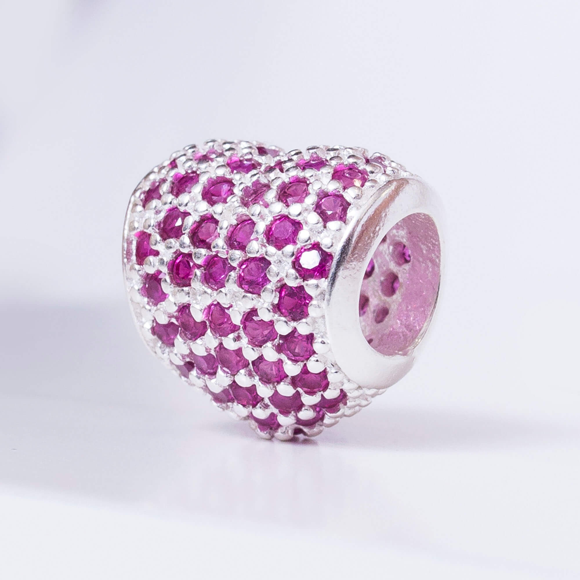Berloque Separador Coração Zircônia Rosa Prata 925