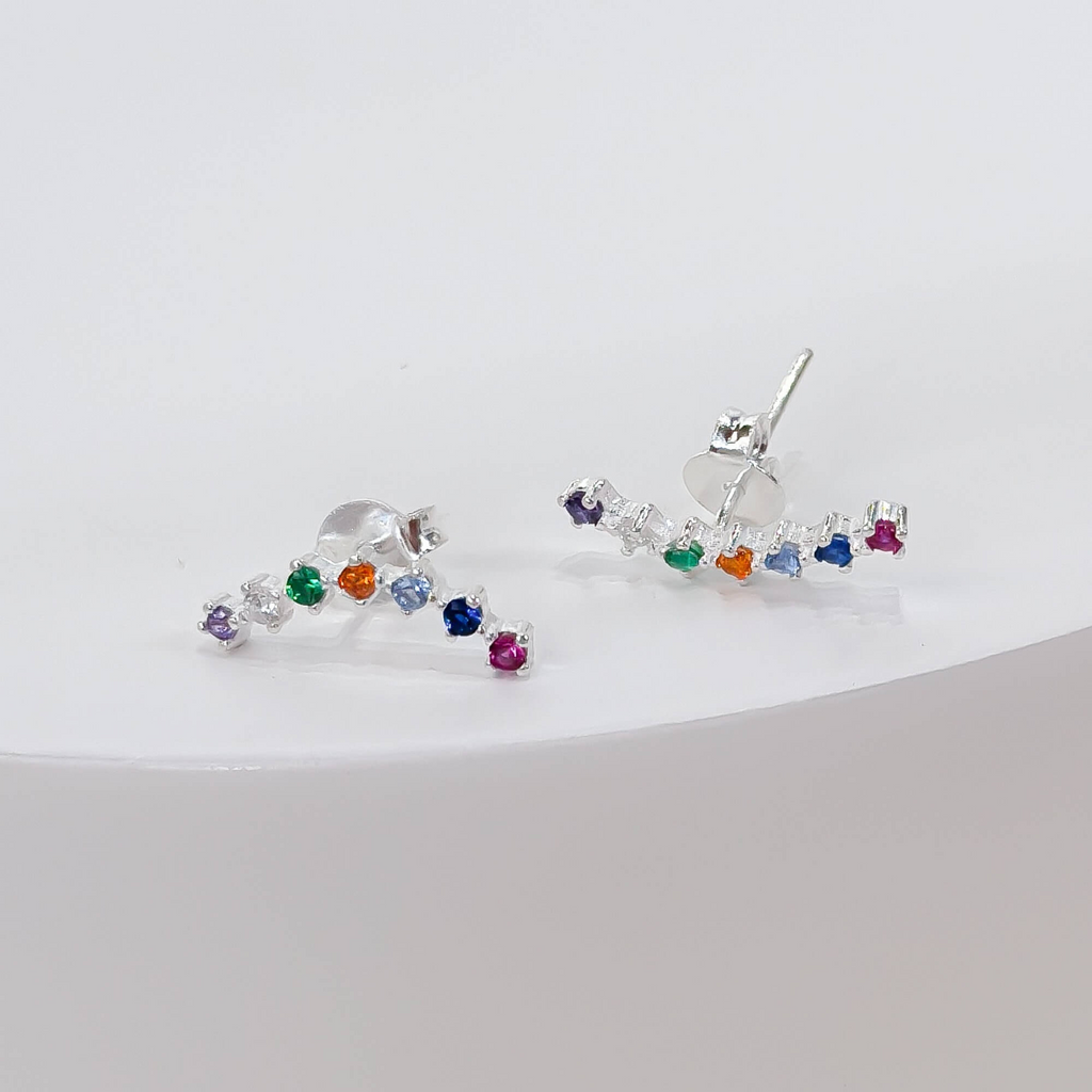 Brinco Ear Cuff Zircônias Coloridas Prata 925