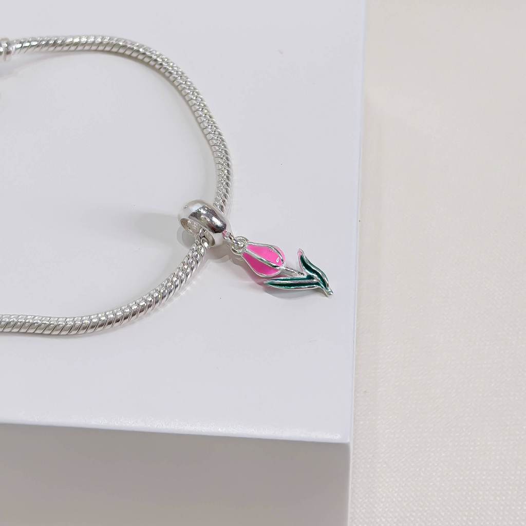 Berloque Flor Tulipa Rosa Prata 925