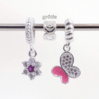 Leve 3 pague 2 - Kit de Berloques em Prata 925 com Flor Zircônia Rosa, Borboleta Rosa e Ganhe Mini Separador Corações