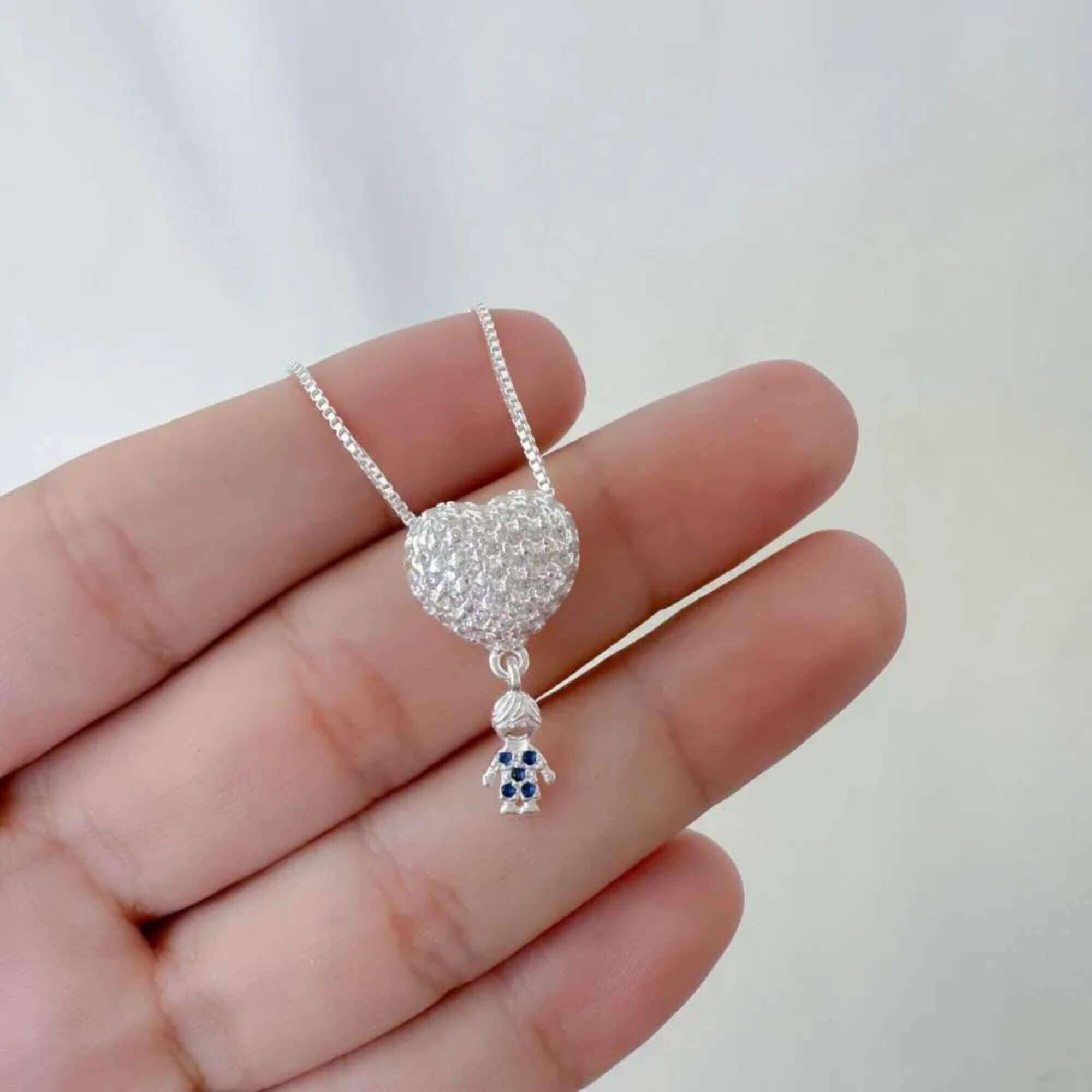 Kit Presente Prata 925 Colar Coração Cravejado com Menino Zircônias Azul