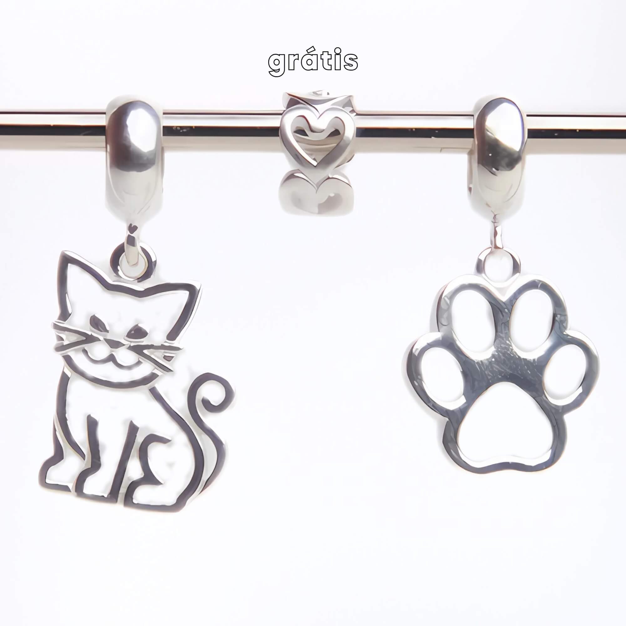 Leve 3 pague 2 - Kit de Berloques em Prata 925 com Patinha Vazada, Gato Vazado e Ganhe Mini Separador Corações