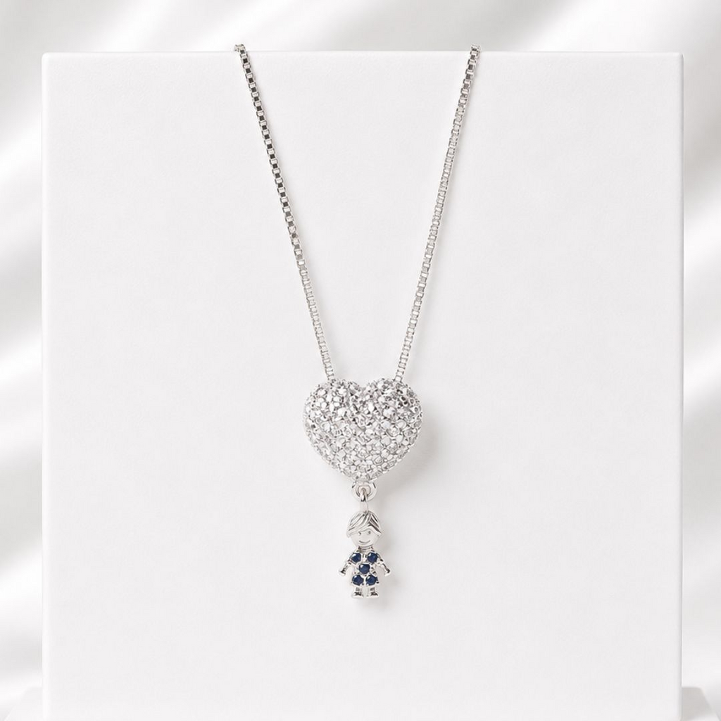Colar Coração Cravejado com Menino Zircônias Azul Prata 925
