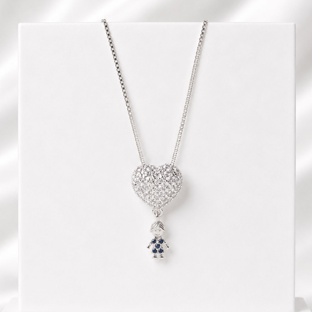 Colar Coração Cravejado com Menino Zircônias Azul Prata 925