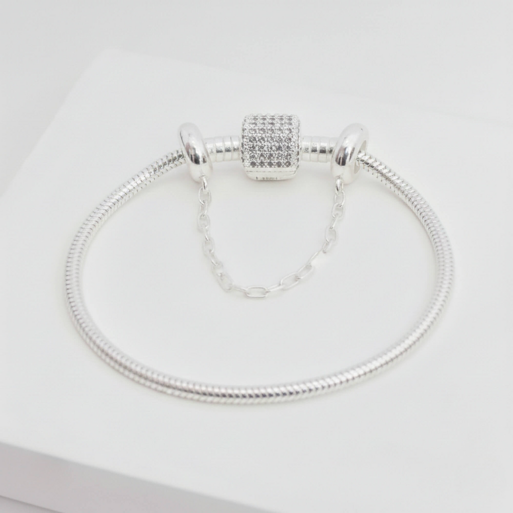 Kit Pulseira Tradicional Cravejada + Corrente de Segurança Lisa Prata 925
