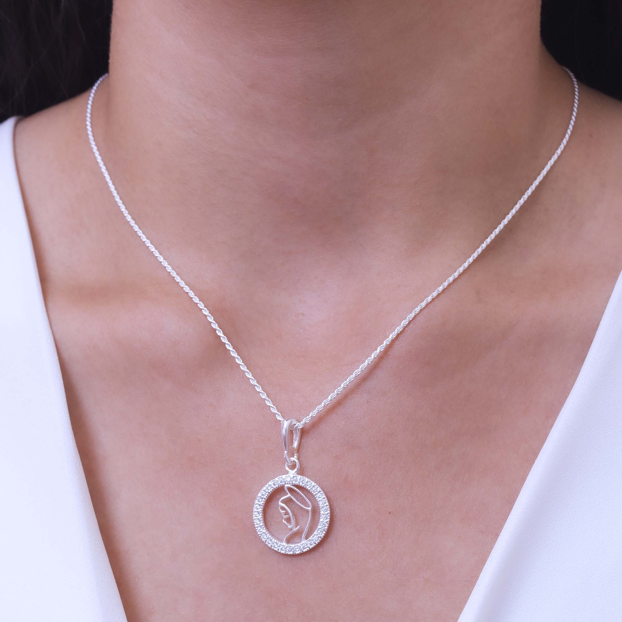 Colar de Prata 925 Cordão Baiano Medalha Nossa Senhora de Fátima Com Zircônias 45 cm