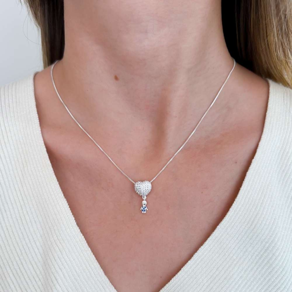 Colar Coração Cravejado com Menino Zircônias Azul Prata 925