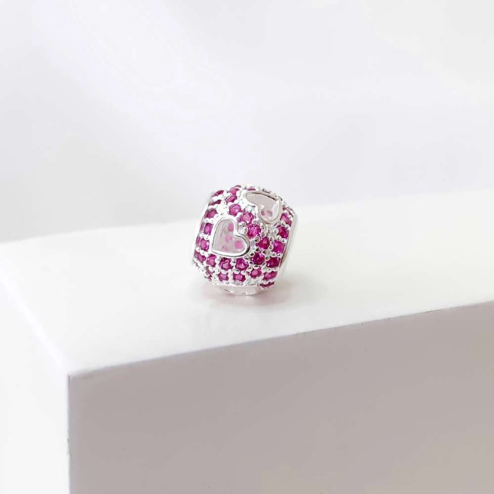 Berloque Separador Com Corações e Zircônia Rosa Prata 925