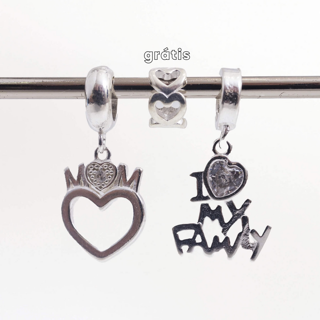 Leve 3 pague 2 - Kit de Berloques em Prata 925 com Família I Love My Family, Mãe Mom e Ganhe Mini Separador Corações