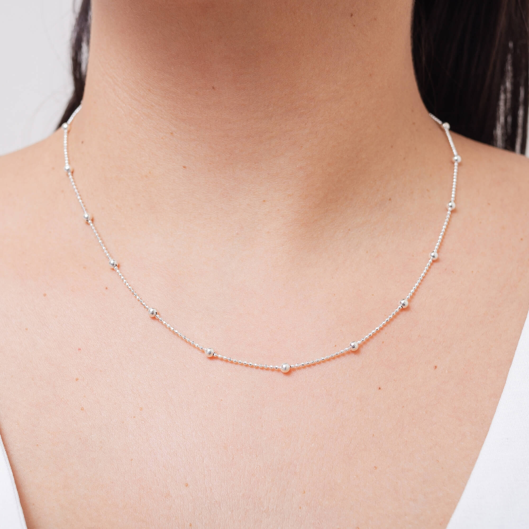 Corrente Bolinha Diamantada com Bolinhas 45cm Prata 925