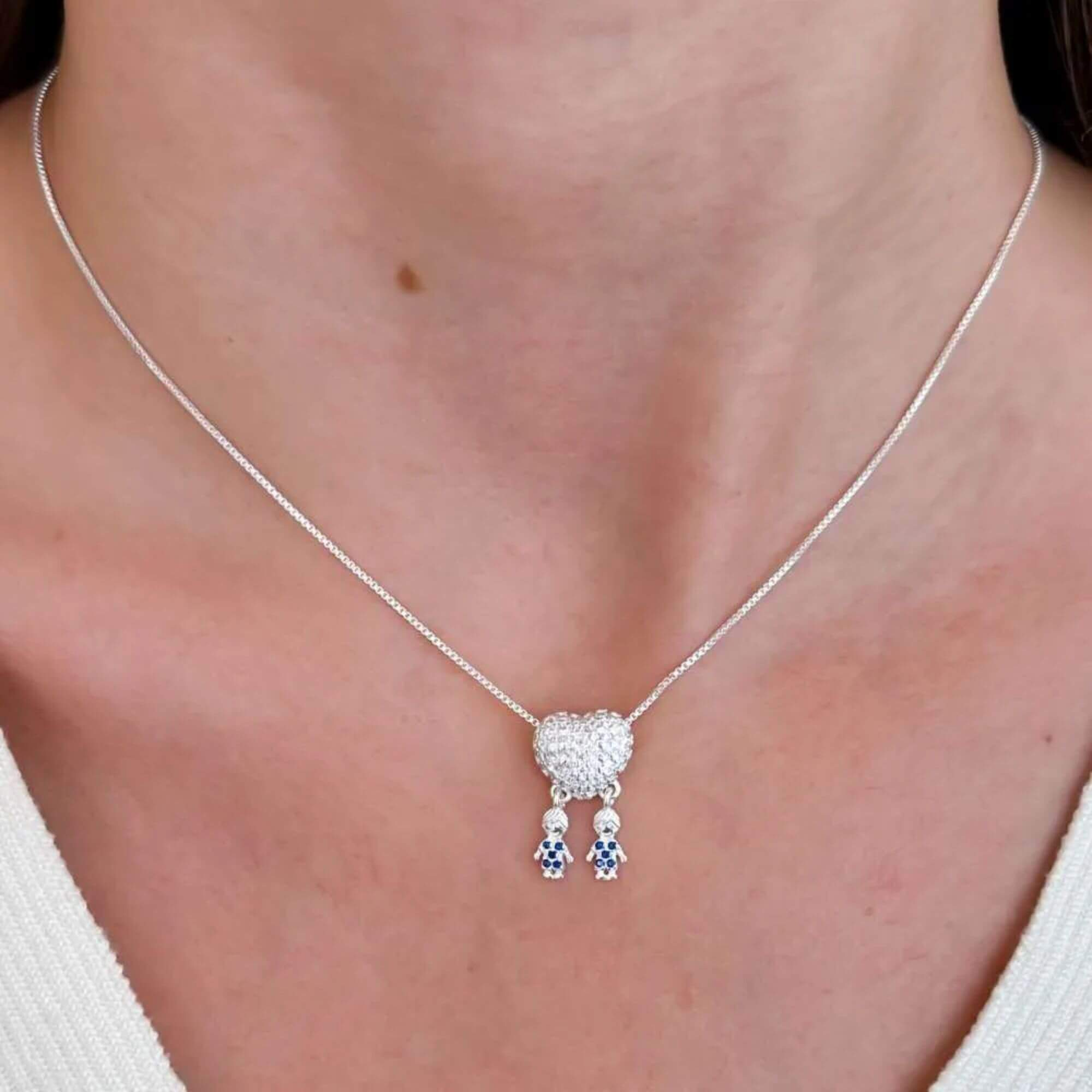 Kit Presente Prata 925 Colar Coração Cravejado com Meninos Zircônias Azul
