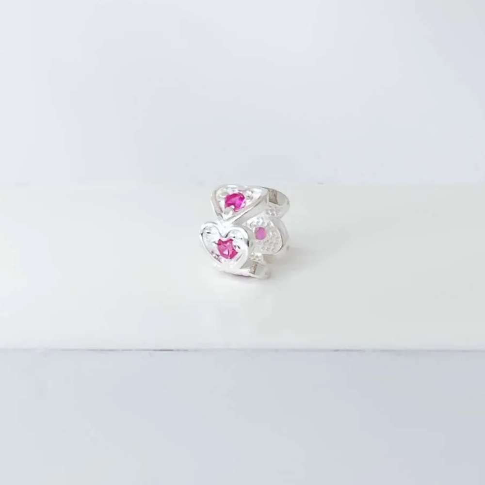 Berloque Mini Separador Corações com Zircônia Rosa Pink Prata 925