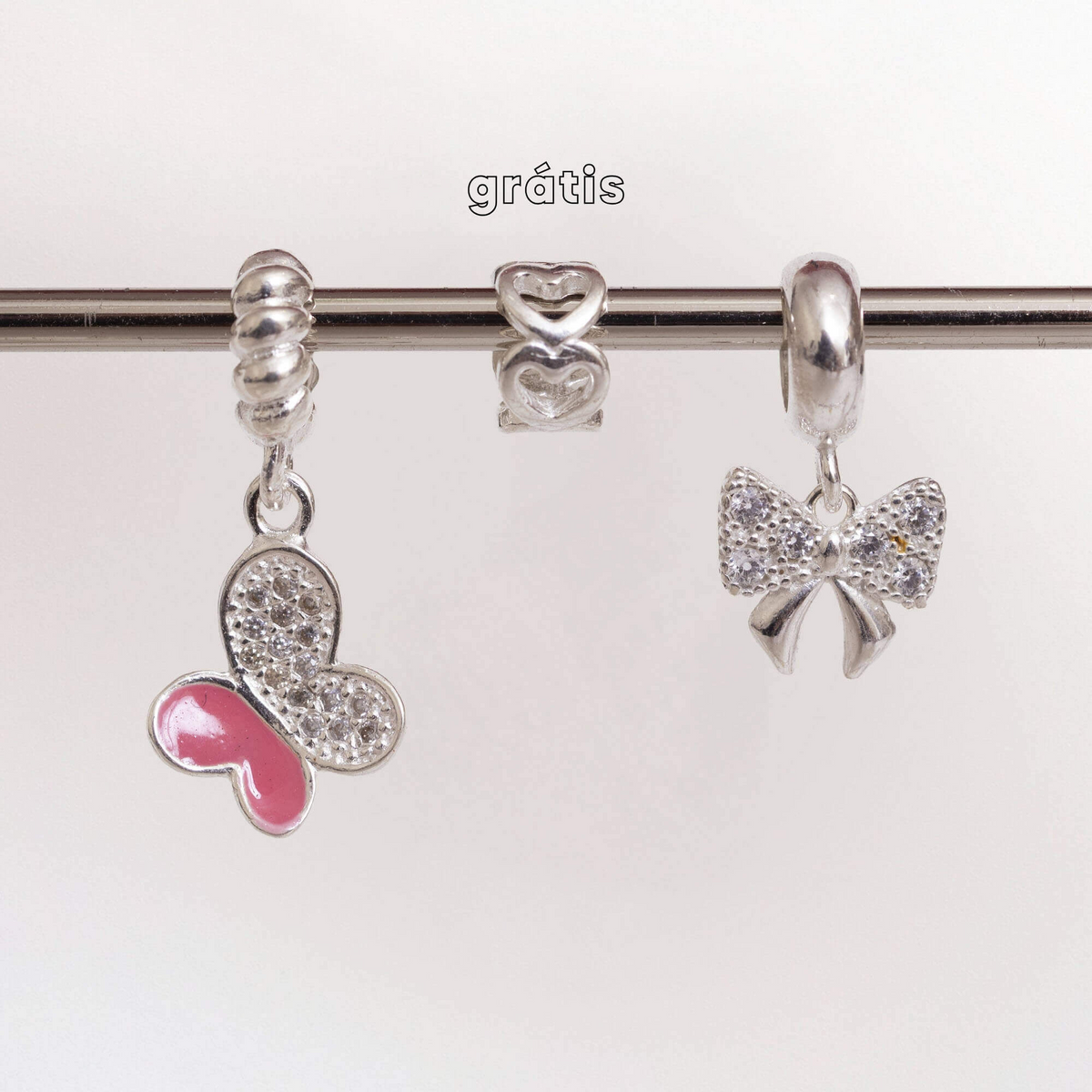 Leve 3 pague 2 - Kit de Berloques em Prata 925 com Laço Zircônia, Borboleta Rosa e Ganhe Mini Separador Corações