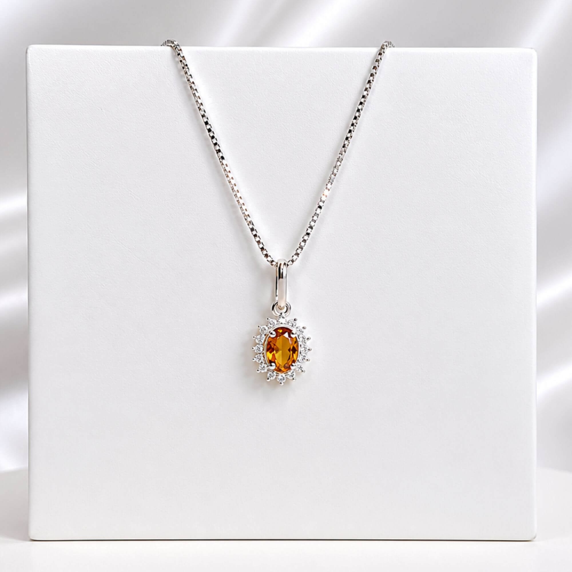 Colar Ponto de Luz Amarelo Citrino Com Cravejado Cristal 45 cm Prata 925