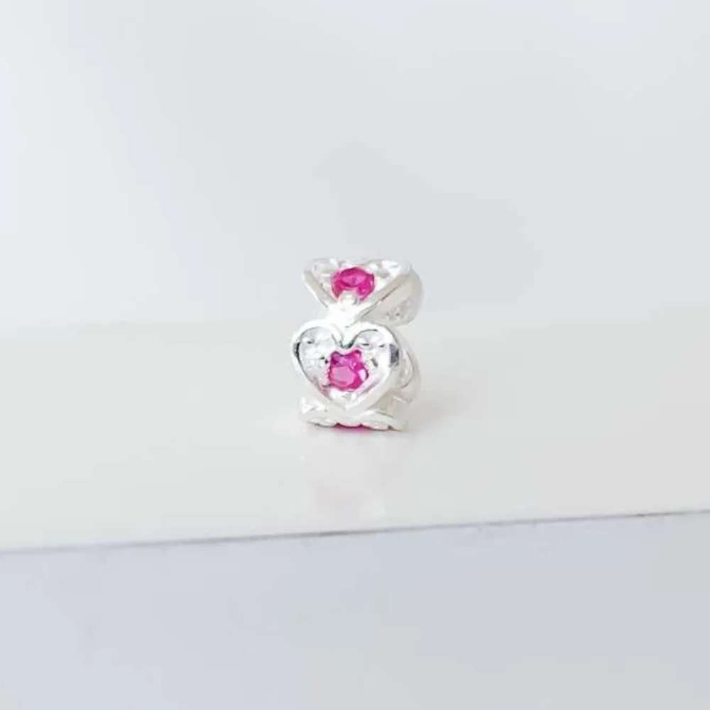 Berloque Mini Separador Corações com Zircônia Rosa Pink Prata 925