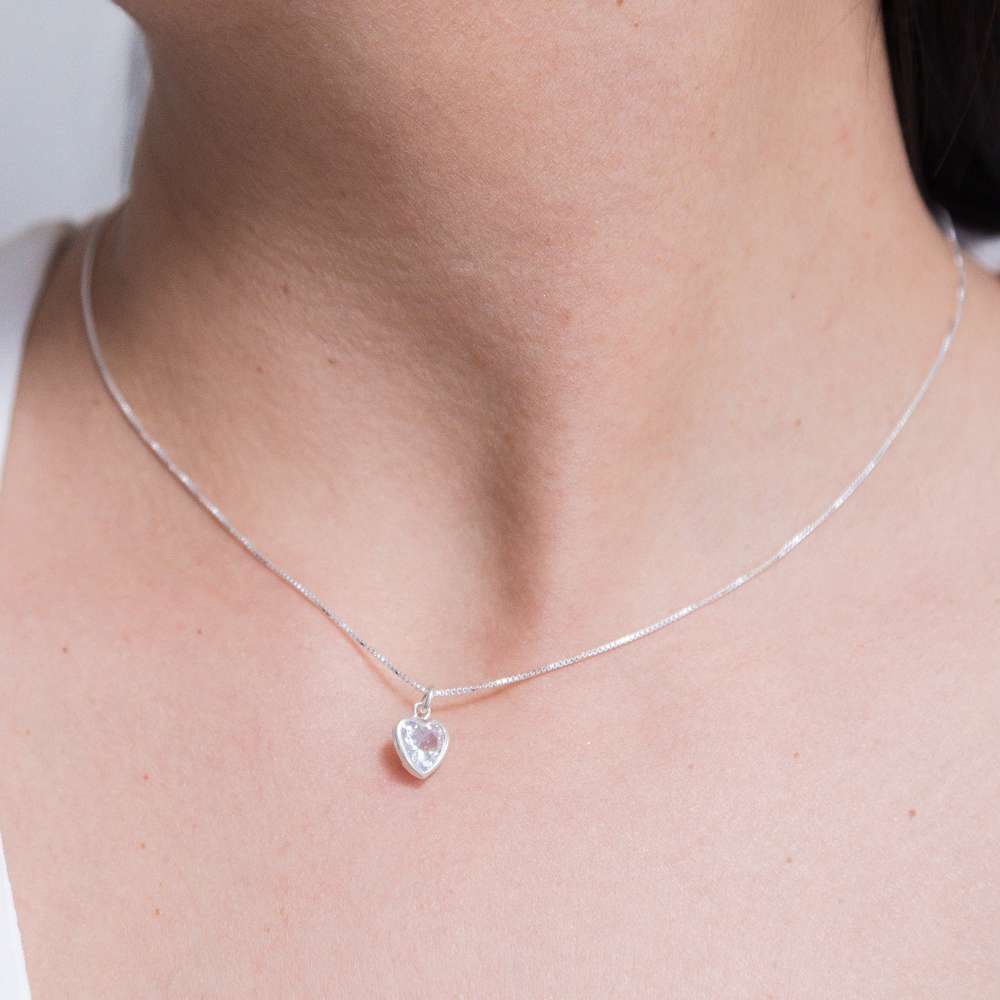 Conjunto Colar + Brinco Ponto de Luz Coração Prata 925