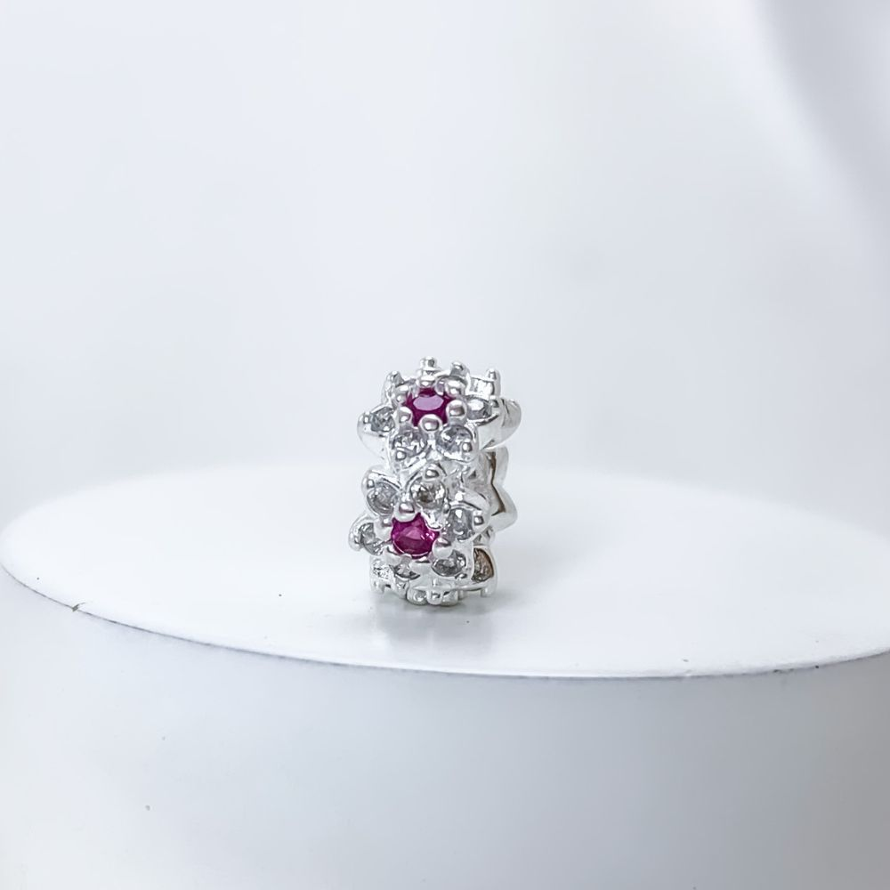 Berloque Mini Separador Flor Com Zircônia Rosa Prata 925