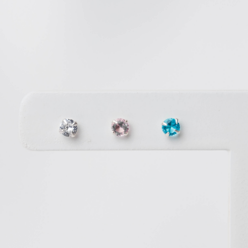 Trio de Brincos Ponto de Luz Cristal, Rosa e Azul Prata 925