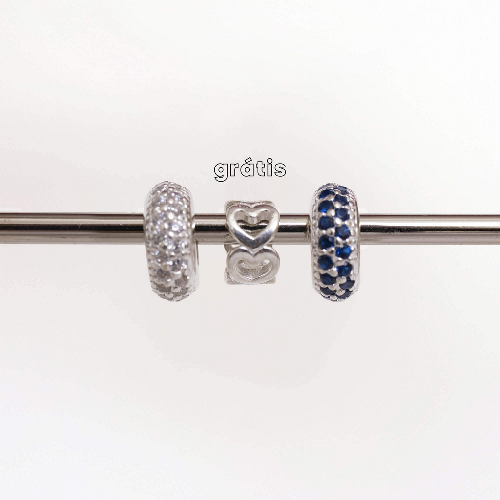 Leve 3 pague 2 - Kit de Berloques em Prata 925 com Separador Zircônia Cristal e Azul e Ganhe Mini Separador Corações