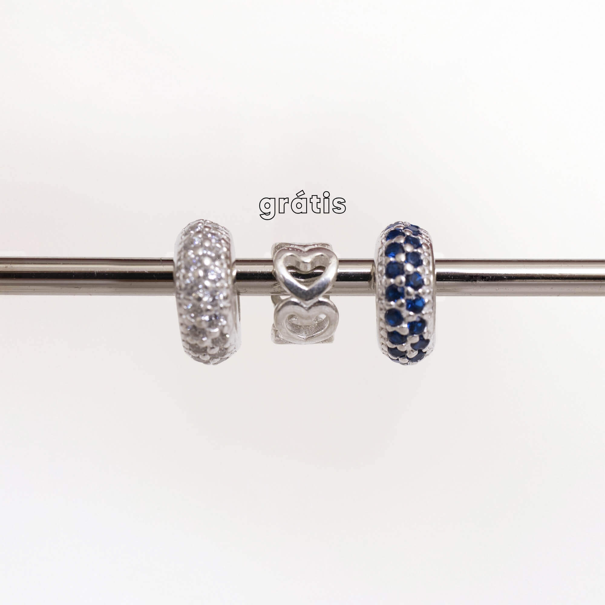 Leve 3 pague 2 - Kit de Berloques em Prata 925 com Separador Zircônia Cristal e Azul e Ganhe Mini Separador Corações