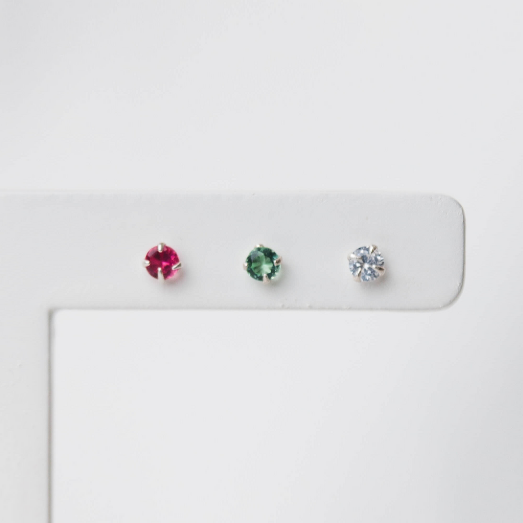Trio de Brincos Ponto de Luz Cristal,  Verde e Fucsia Prata 925